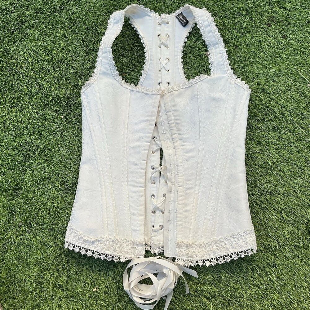iCollection White Lace Corset Bustier Size 32 Lace Up Bridal Steampunk Costume